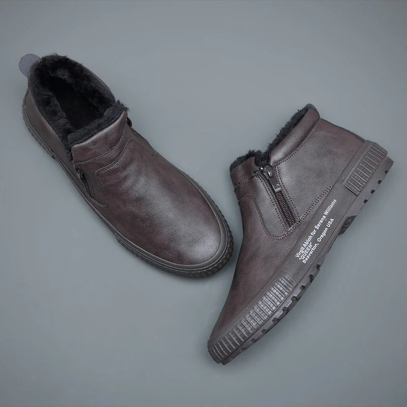 Man Winter Warm Leather Boots Warm Plush Inside High Tops Casual Shoes Slip on Keep Warm Thick Fur Men's Platform Ankle Boots - Sun Studio