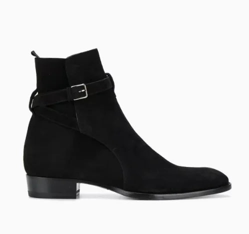 Black Pointed Toe Buckle Strap Ankle Boots Grey Men Hombre Genuine Leather Men Motorcycle Boots For Men Work High Top Men Shoes - Sun Studio