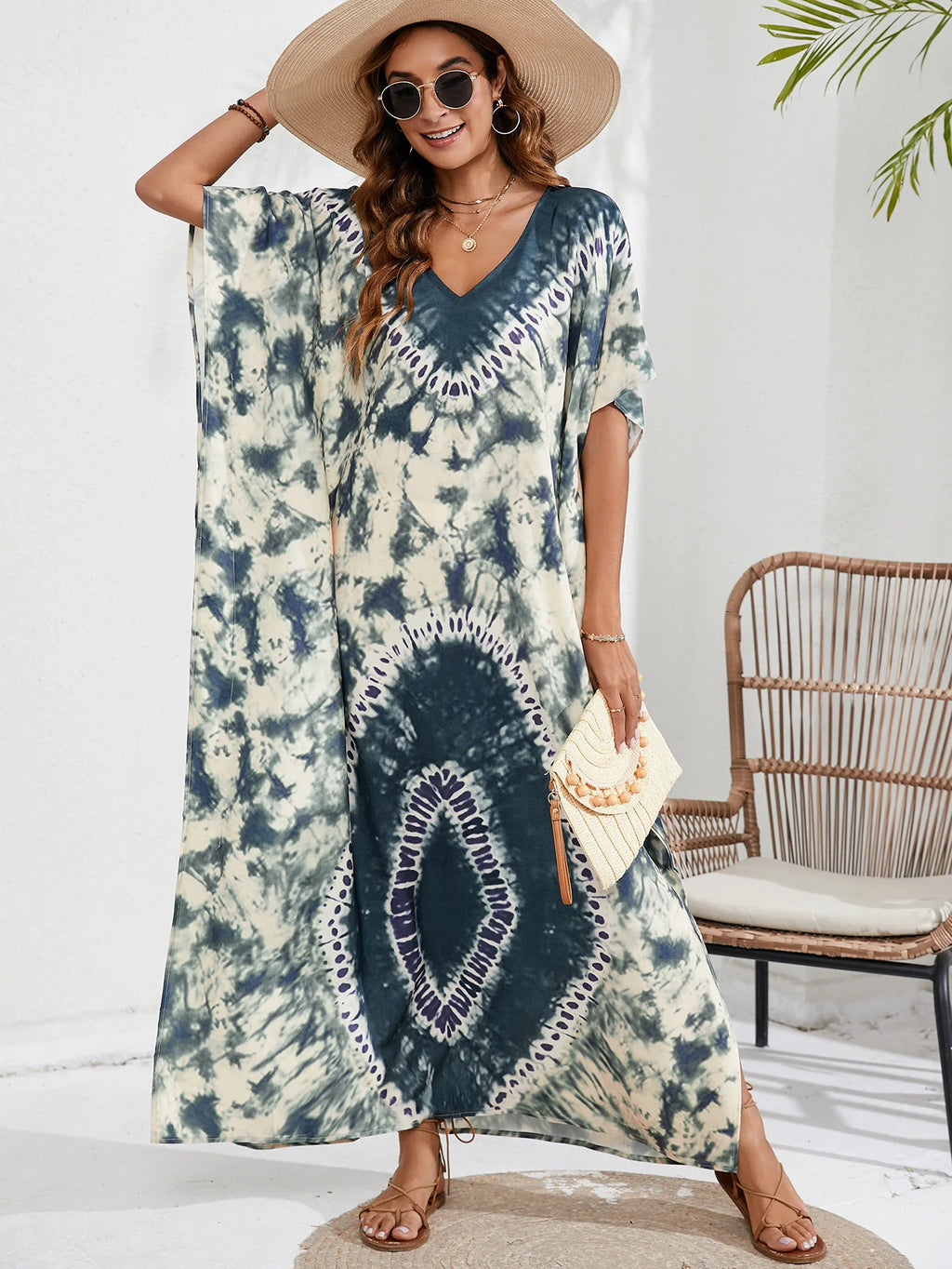 Kaftan Dresses for Women Plus Size Tie Dye Batwing Sleeve Caftans Swimsuit Coverup Maxi Dress Loungewear - Sun Studio