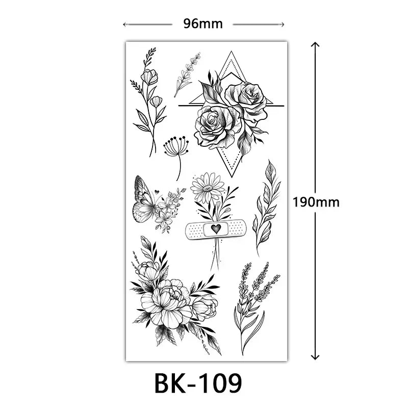 Rosenblüten-Tattoo Temporäres wasserdichtes Schmetterlings-Fake-Tattoo für Frauen Schwarzes Blumen-Skizzen-Tattoo-Aufkleber