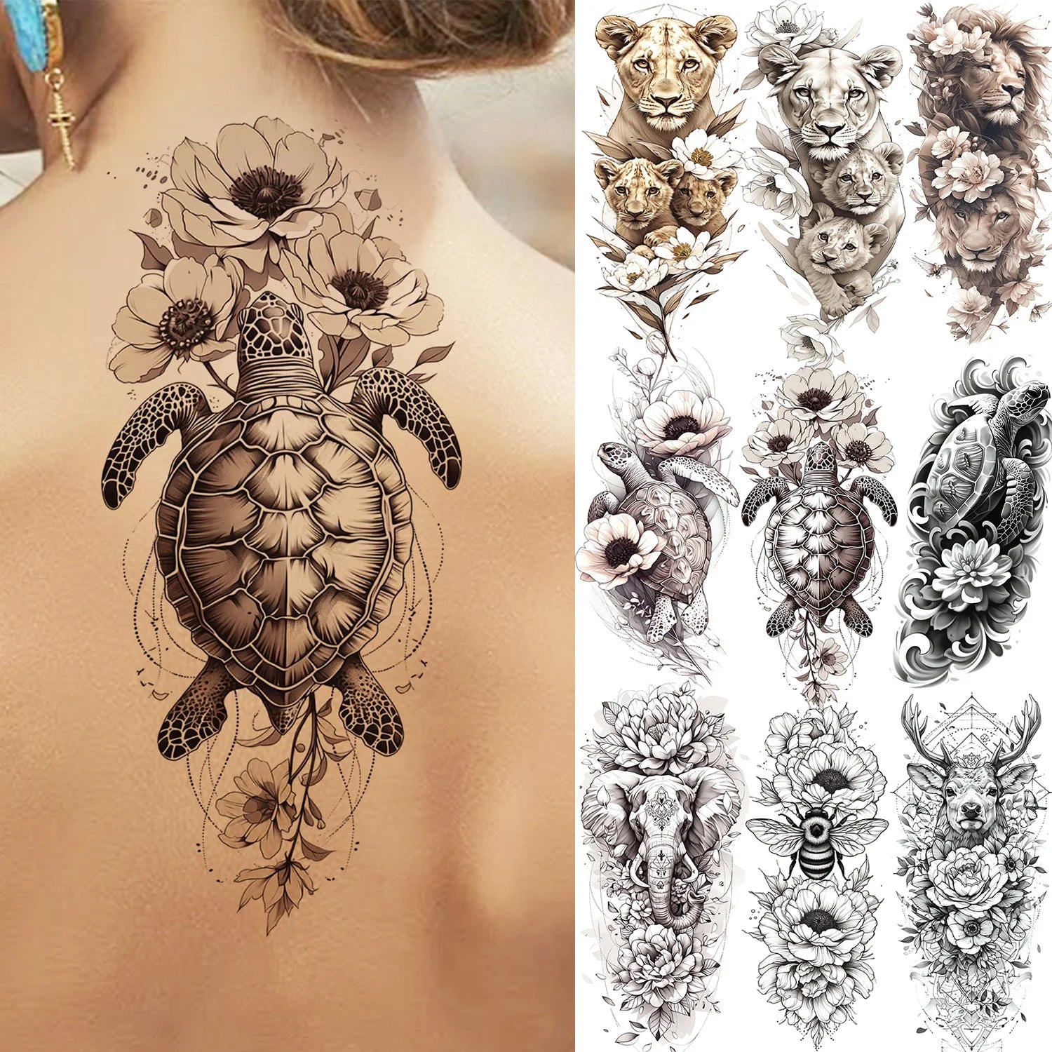 1 Sheet Beautiful Turtle With Flowers Temporary Tattoos Elephant Lion Tatoos Waterproof Realistic Animals Fake Tattoos Stickers - Sun Studio