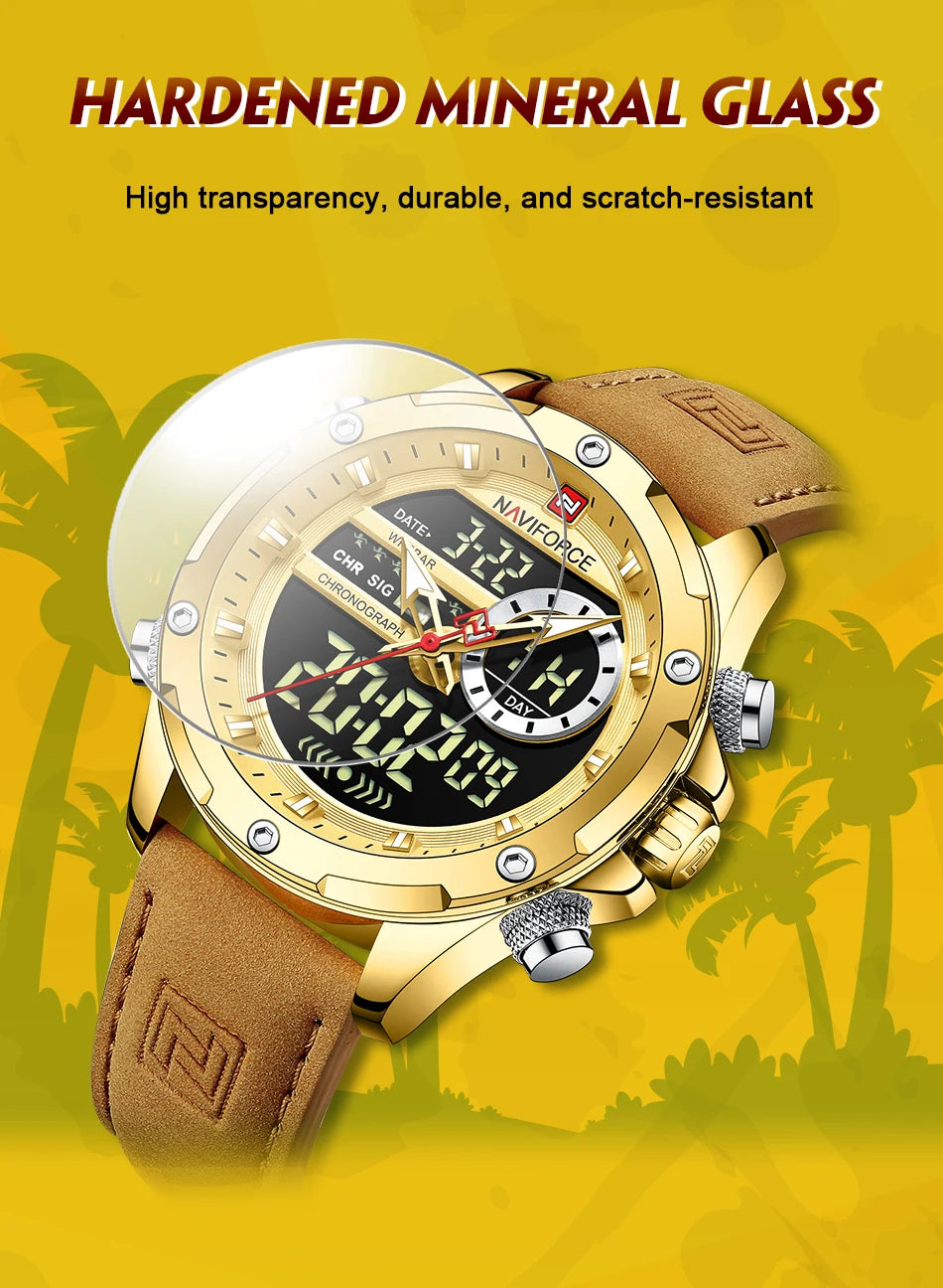 NAVIFORCE Luxury Original Watches For Men Casual Sport Chronograph Alarm Quartz WristWatch Leather Waterproof Digital Clock 9163 - Sun Studio