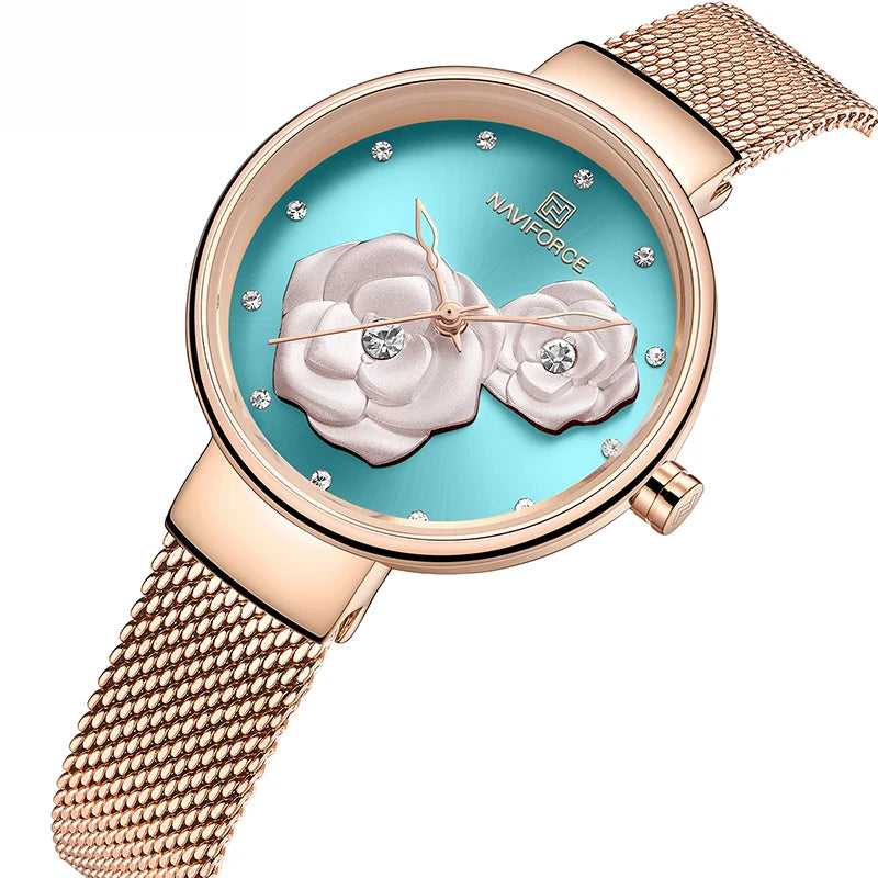 Women Watch NAVIFORCE Top Luxury Brand Steel Mesh Waterproof Ladies Watches Flower Quartz Female Wristwatch Charming Girl Clock - Sun Studio