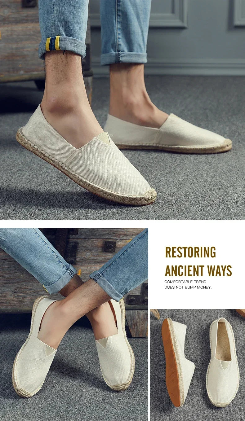 Women Sewing Flax Shoes Slip on Loafers Casual Shoes Man Espadrilles Hemp Canvas Flat Shoes Plus Size Fisherman Driving Footwear - Sun Studio