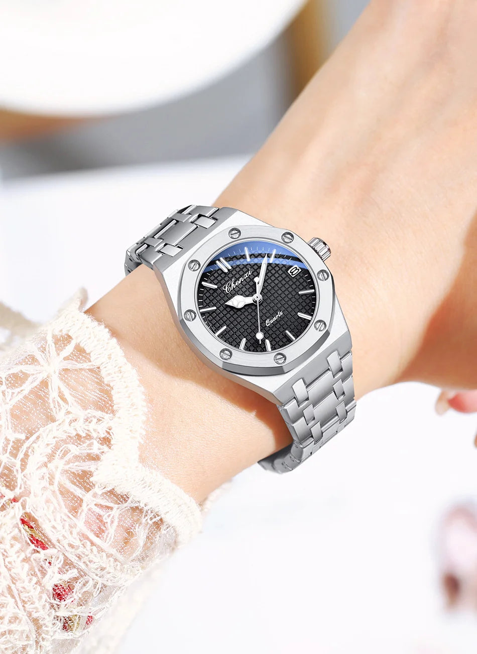 Luxury Women Watches Silver Steel Simple Casual Business Dress Watches for Women Top Brand Waterproof 3bar Calendar Gift Clock - Sun Studio