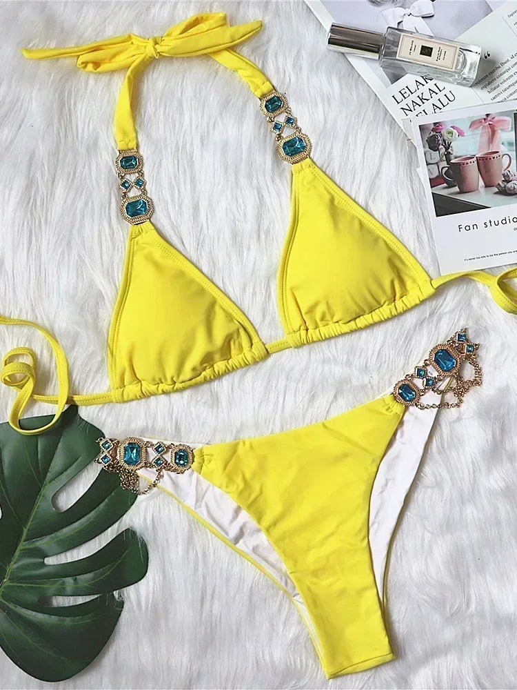 Halter Rhinestone Diamond Bikini Women Swimsuit Female Bikinis Metal Chain Swimwear Two Pieces Bikini Set Bathing Suit Swim Lady - Sun Studio