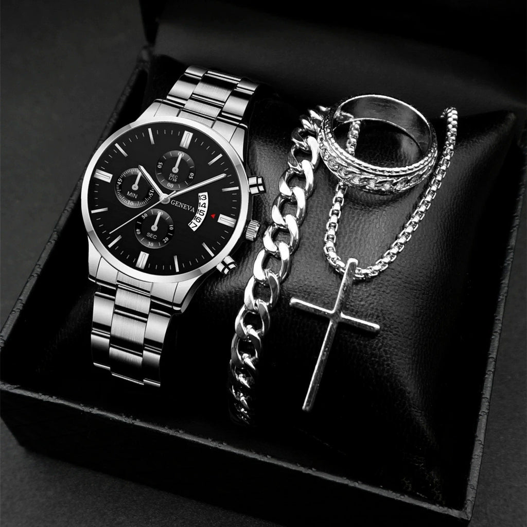 4PCS/Set Fashion Men's Watch Casual Gold Steel Band Analog Male Quartz Watches Jewelry Set（Without Box） - Sun Studio