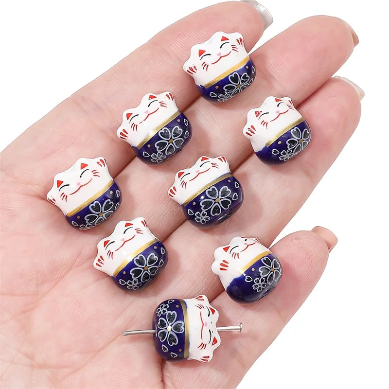 10Pcs 13X14MM Chinese Cute Animal Lucky Cat Vertical Hole Ceramic Beads For Home Decor DIY Accessories Hand-knitted Bracelet - Sun Studio