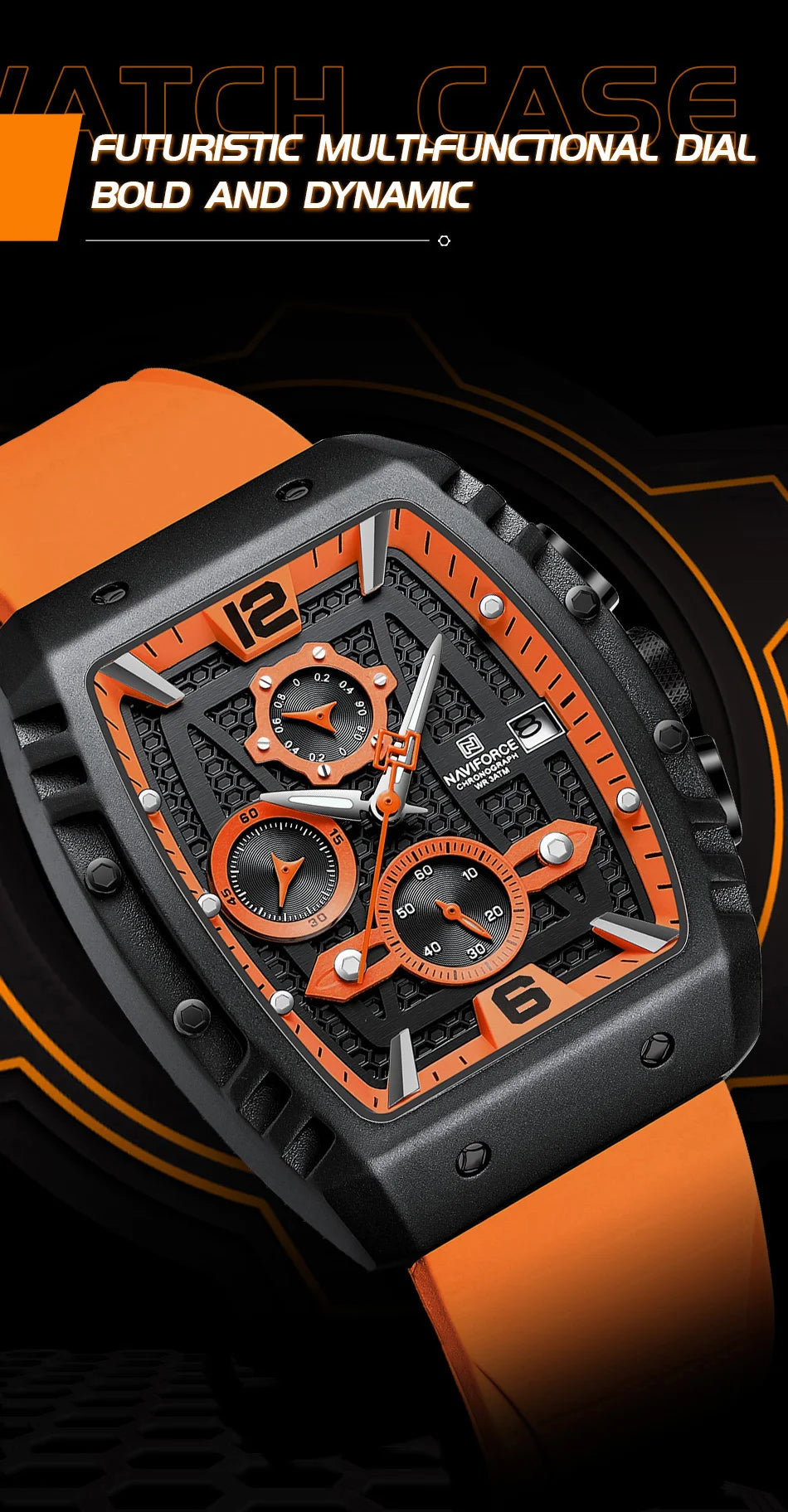 NAVIFORCE Creative Barrel-Shaped Dial Men Watches Fumed Silica Strap Waterproof Quartz Chronograph Date Display Male Wrist Watch - Sun Studio