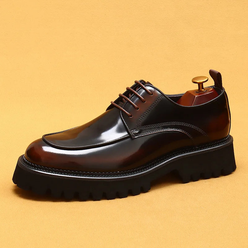 designer men's leather shoes with thick soles round toe glossy leather business dress shoes Waxed cowhide lace up British shoes - Sun Studio