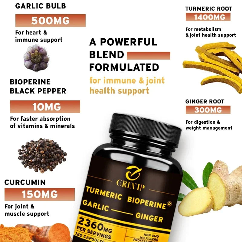 4-in-1 Turmeric Ginger Supplement - with Garlic Curcumin Black Pepper - Joints, Immune Support, Improves Digestion Supplement - Sun Studio