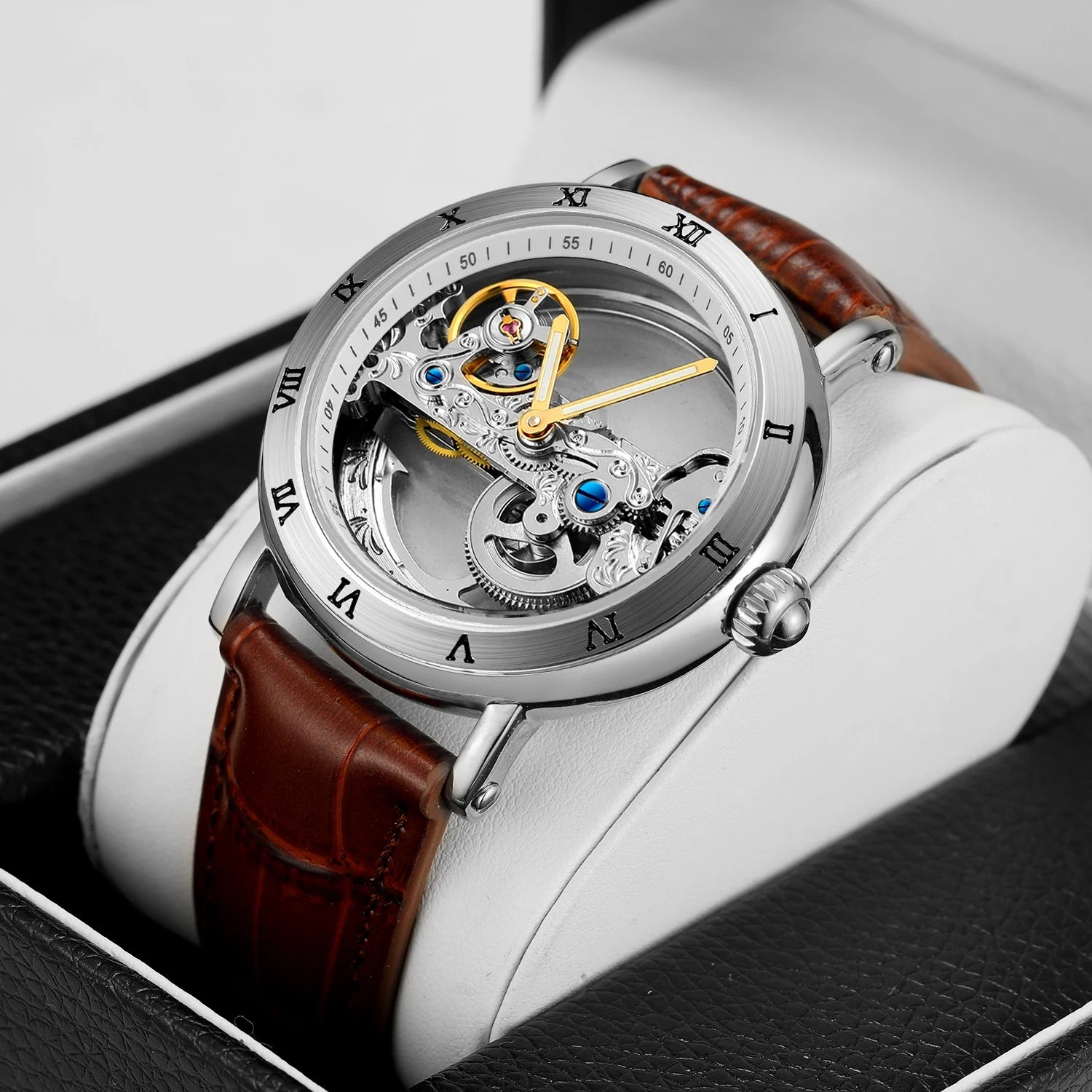 Forsining Silver Skeleton Automatic Watch Men Luminous Hands Business Retro Golden Bridge Mechanical Watches Steel Leather Strap - Sun Studio
