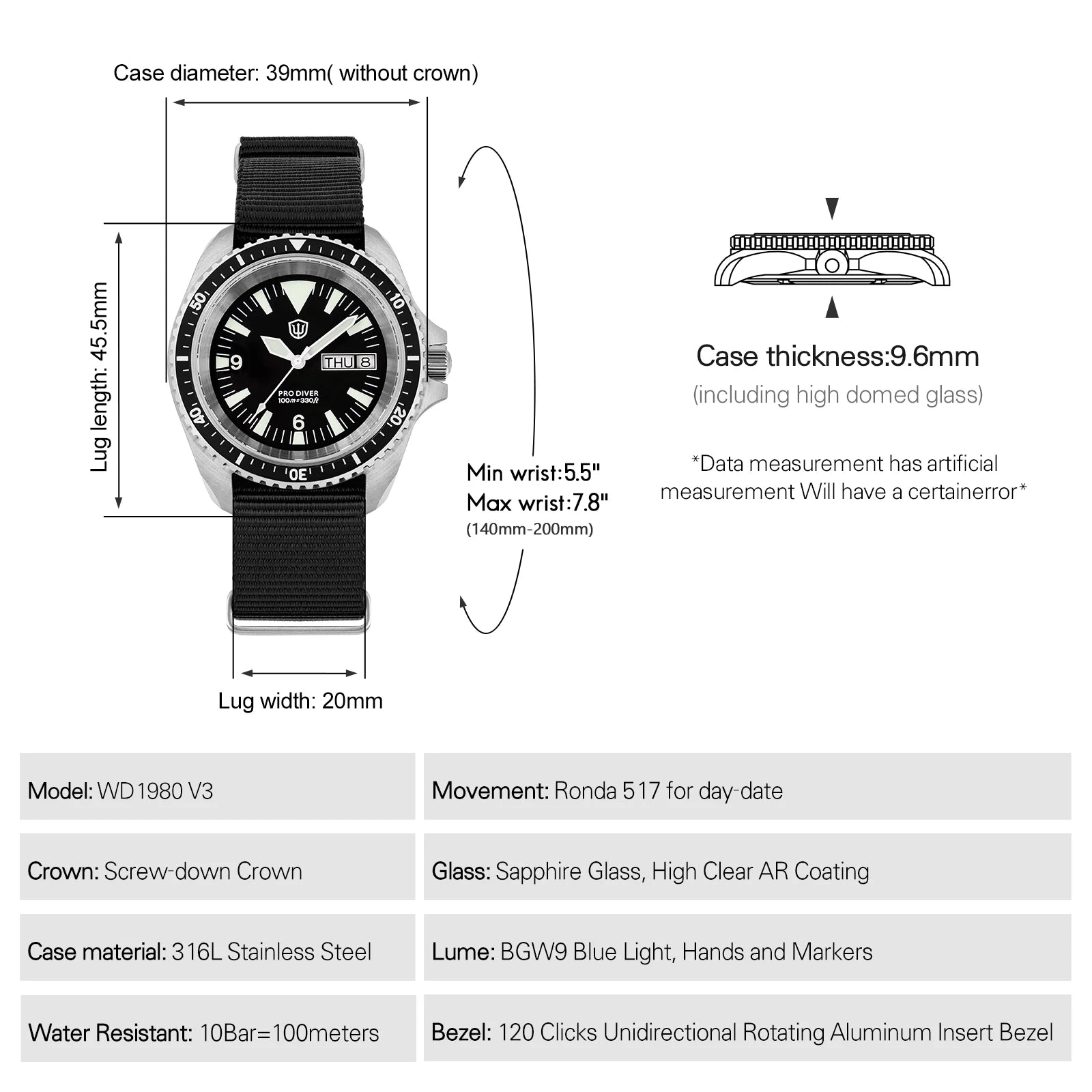 Watchdives WD1980 V3 Luxury Watch VH31 Scanning Quartz Movement AR Coating Sapphire Glass 10Bar Waterproof Men's Watches - Sun Studio