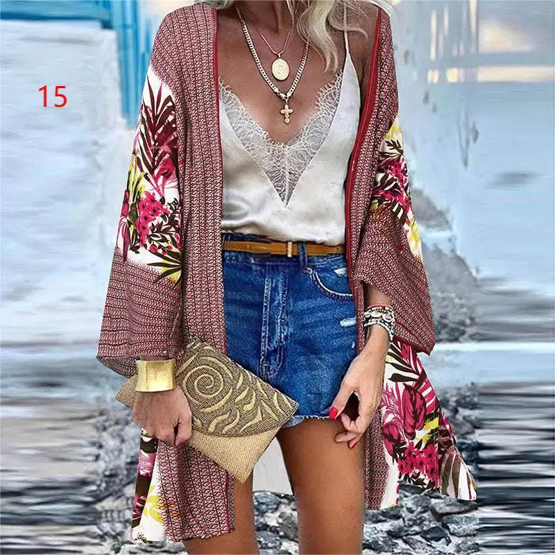 WeHello 2023 Summer Bohemian Casual Cloak Cardigan for Swimsuit woman Beach Swimwear Tops Long Sleeved Shawl Chiffon Shirt - Sun Studio