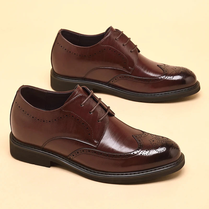 Men's Dress Brogues Elevator Shoes Platform Breathable Casual Business Luxury Genuine Leather Heightening Shoes 6 8CM Taller Man - Sun Studio