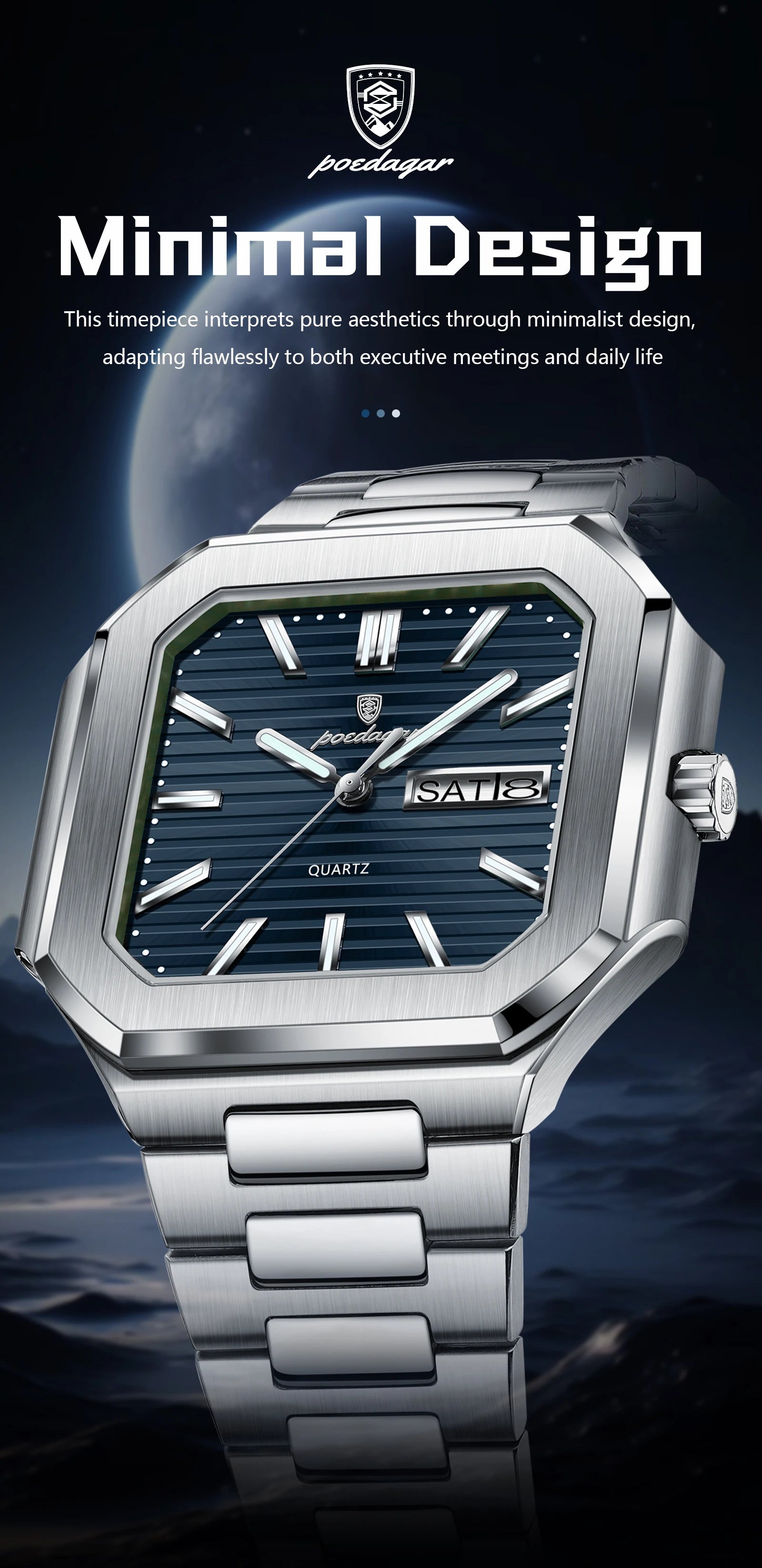 POEDAGAR Square Fashion Man Wristwatch Waterproof Luminous Date Week Quartz Men's Watches Stainless Steel Luxury Men Watch Reloj - Sun Studio