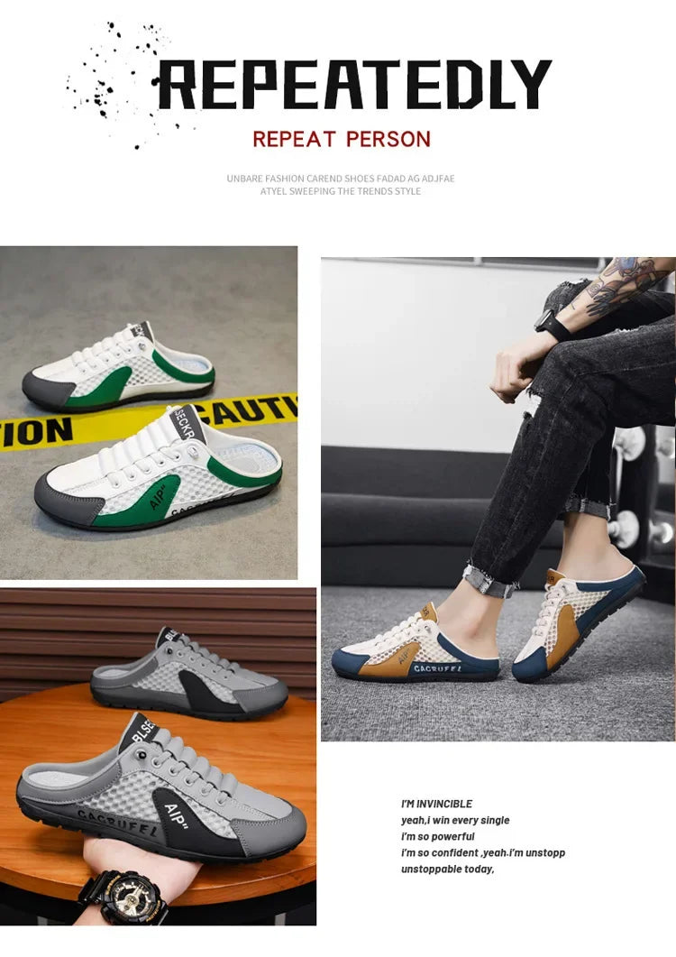 Men's Slip-On Lace-Up Casual Sports Shoes Breathable Mesh Unisex Spring Autumn Season Low Cut Flat Footwear Quick Easy Wear - Sun Studio