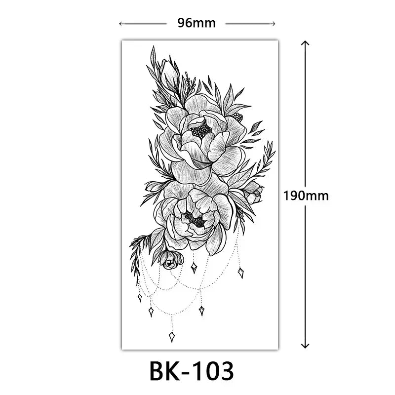 Rosenblüten-Tattoo Temporäres wasserdichtes Schmetterlings-Fake-Tattoo für Frauen Schwarzes Blumen-Skizzen-Tattoo-Aufkleber