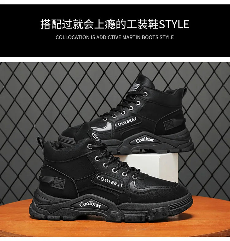 2026 new Men's High Top Boots Trendy Black Motorcycle Boots Outdoor Warm Platform Boots Men Lace-up Leather Boot Bota Masculina - Sun Studio