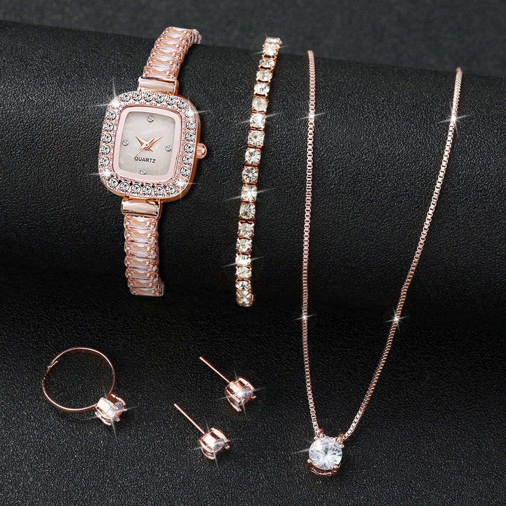 6 pieces/set of fashionable crystal watches for women with small square dials, quartz watches for women, jewelry set for women - Sun Studio