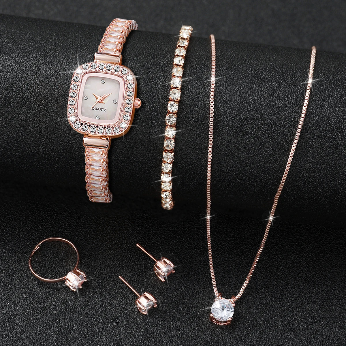 6 pieces/set of fashionable crystal watches for women with small square dials, quartz watches for women, jewelry set for women - Sun Studio