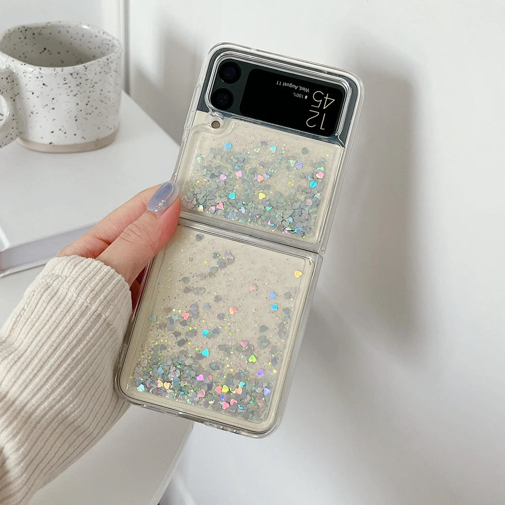 for Samsung Z Flip 7 Luxury Glitter Quicksand Case For Samsung Galaxy Z Flip 7 6 5 4 3 ZFlip 7FE Gradient Love Heart Bling Cover - Sun Studio