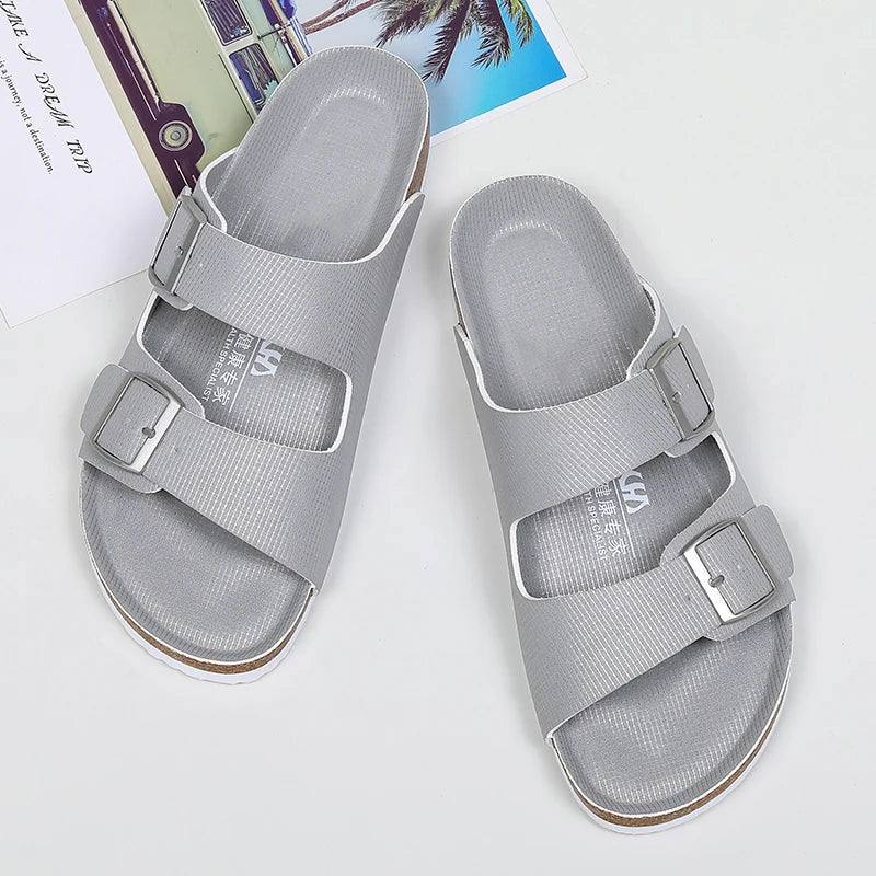 Summer Men Cork Slippers Slides Clogs Casual Slip On Sandals Double Buckle Women Microfiber Leather Unisex Big Size 47 48 49 - Sun Studio