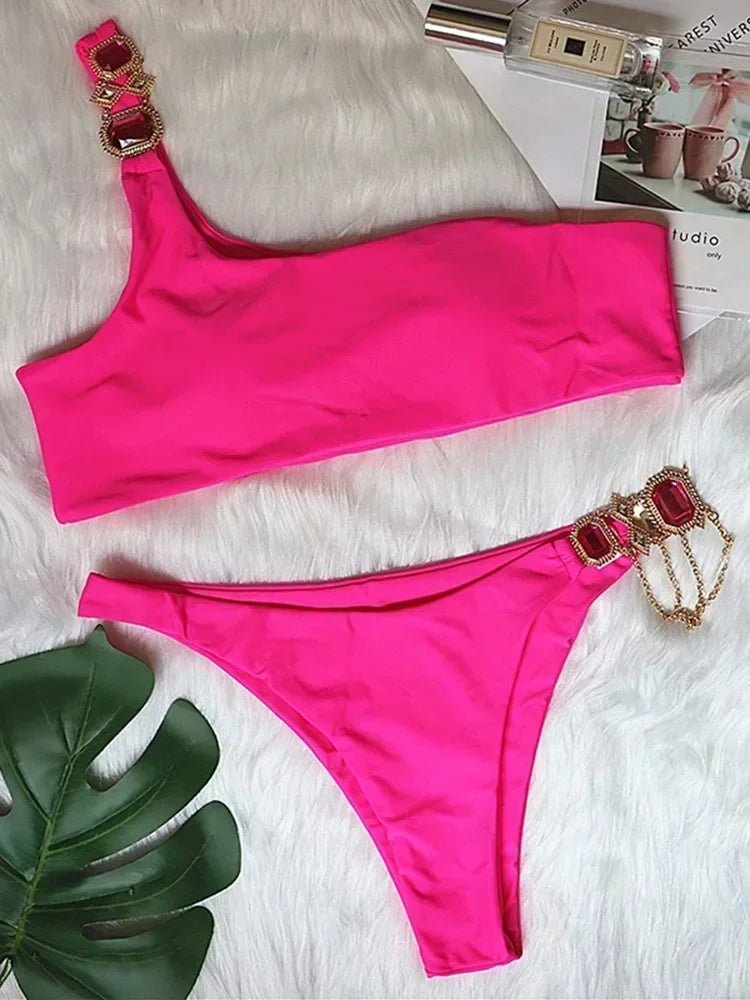 Halter Rhinestone Diamond Bikini Women Swimsuit Female Bikinis Metal Chain Swimwear Two Pieces Bikini Set Bathing Suit Swim Lady - Sun Studio