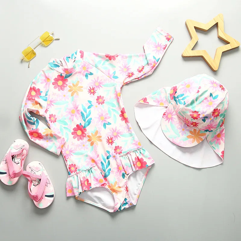 UPF50 Girls Swimwear Long Sleeves Floral Baby Swimsuit UV Protection Children's Swimming Suit Beach Summer Toddler Bathing Suit - Sun Studio