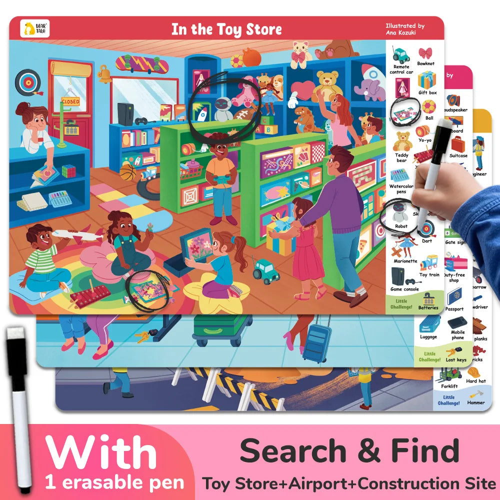 Search and Find Game Looking for Different 3 Themes Interactive Activity Painting Kit Drawing Books with Reusable Pen - Sun Studio
