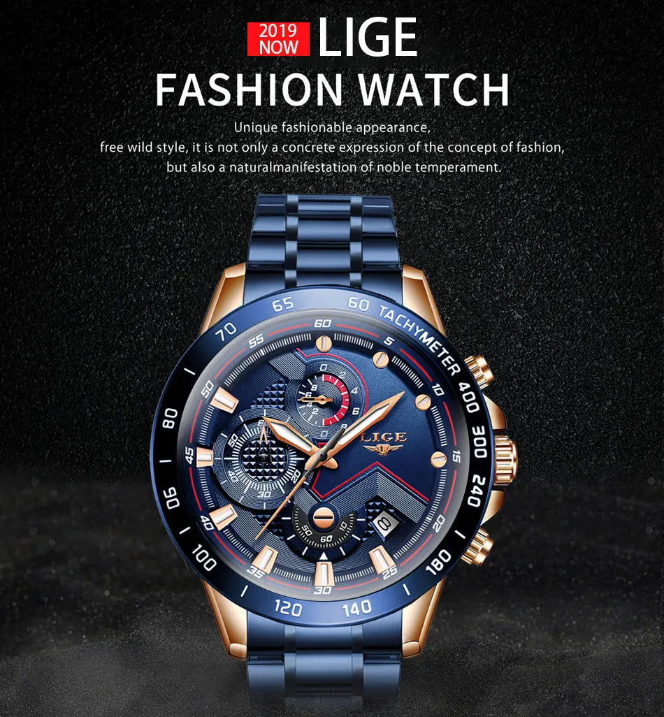 LIGE Business Men Watch Luxury Brand Stainless Steel Wrist Watch Chronograph Army Military Quartz Watches Relogio Masculino+BOX - Sun Studio