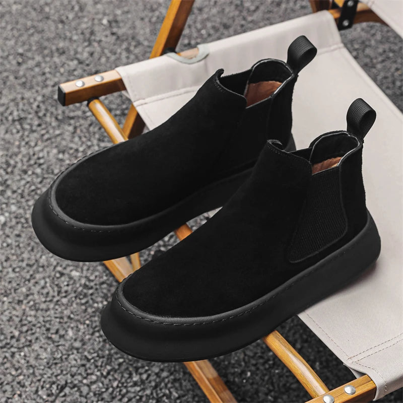 Fashion Brand Men Genuine Leather Mid Top Boots with British Style Autumn Winter Men Anti Slip and Wear-resistant Chelsea Boots - Sun Studio