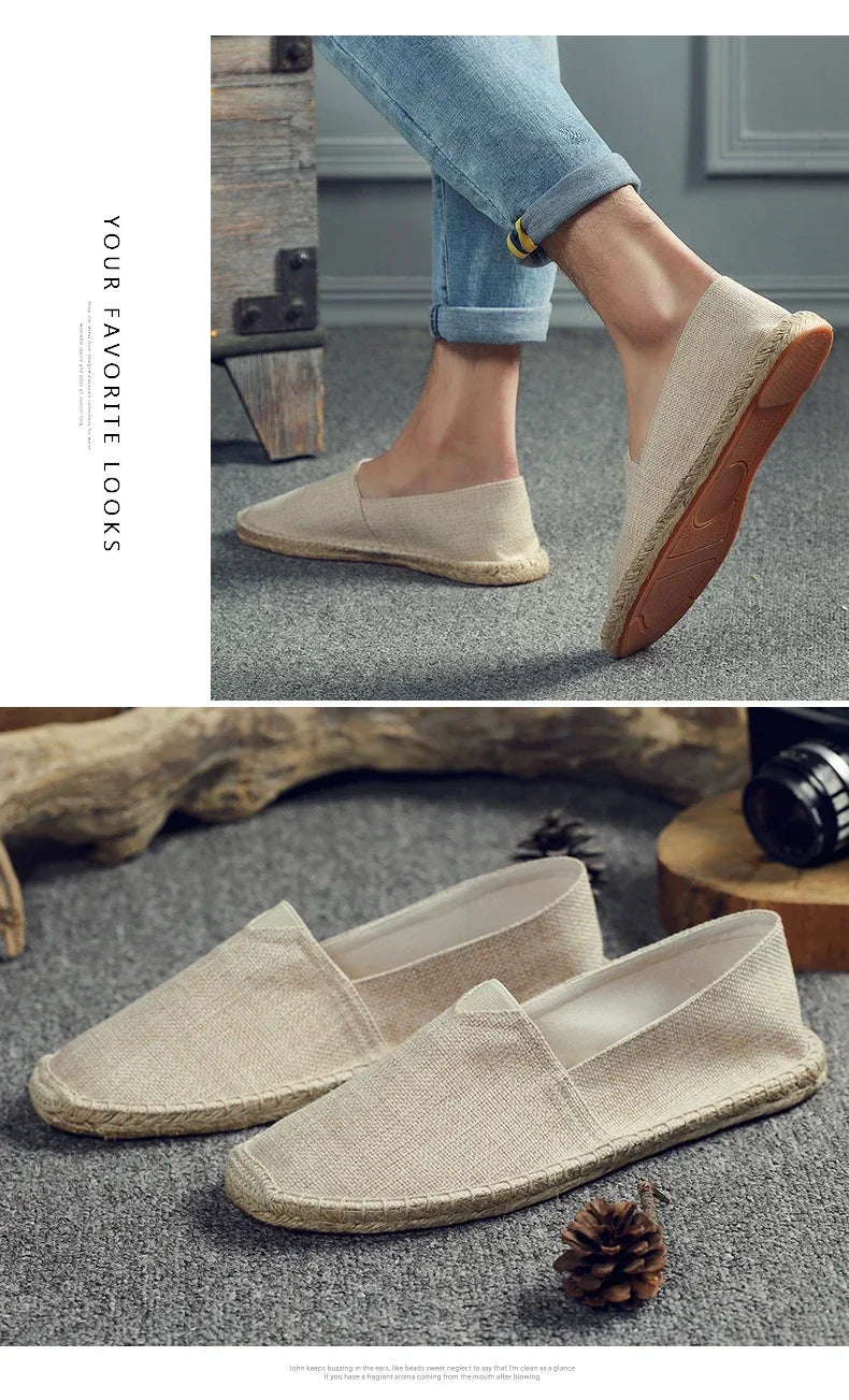 Women Sewing Flax Shoes Slip on Loafers Casual Shoes Man Espadrilles Hemp Canvas Flat Shoes Plus Size Fisherman Driving Footwear - Sun Studio
