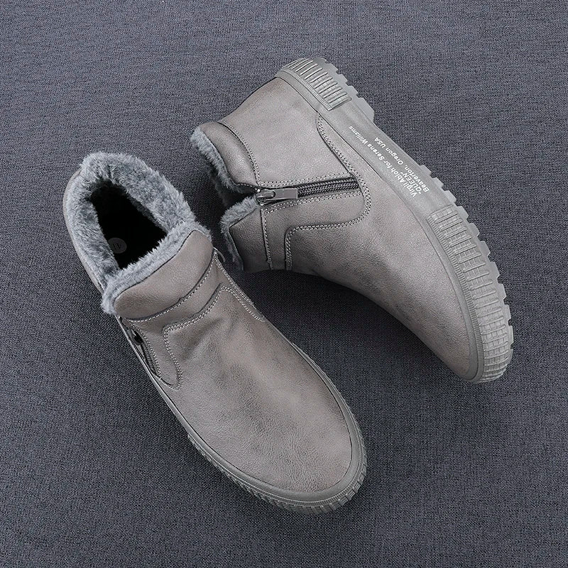 Man Winter Warm Leather Boots Warm Plush Inside High Tops Casual Shoes Slip on Keep Warm Thick Fur Men's Platform Ankle Boots - Sun Studio