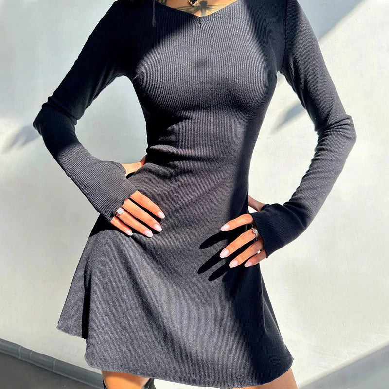Elegant And Pretty Women Dresses Autumn Winter New Black Sexy Short Dress Female V Neck Long Sleeve Slim Solid Color Mini Dress - Sun Studio
