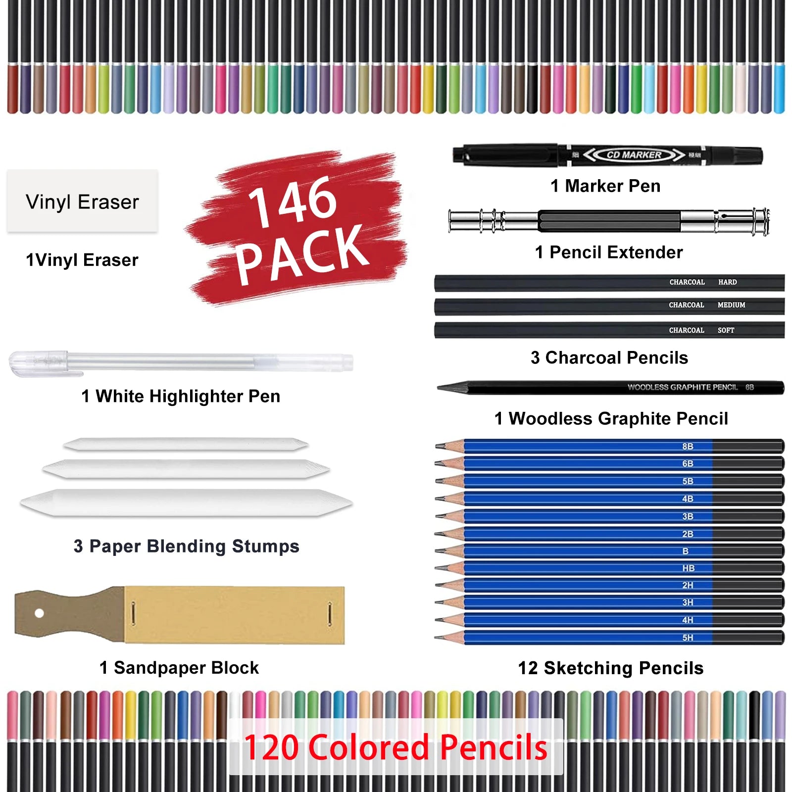 42/73/146 Pack Drawing Sketching Set, with 3-Color Sketchbook, Graphite, Charcoal Pencil, Ideal for Shading, Blending - Sun Studio