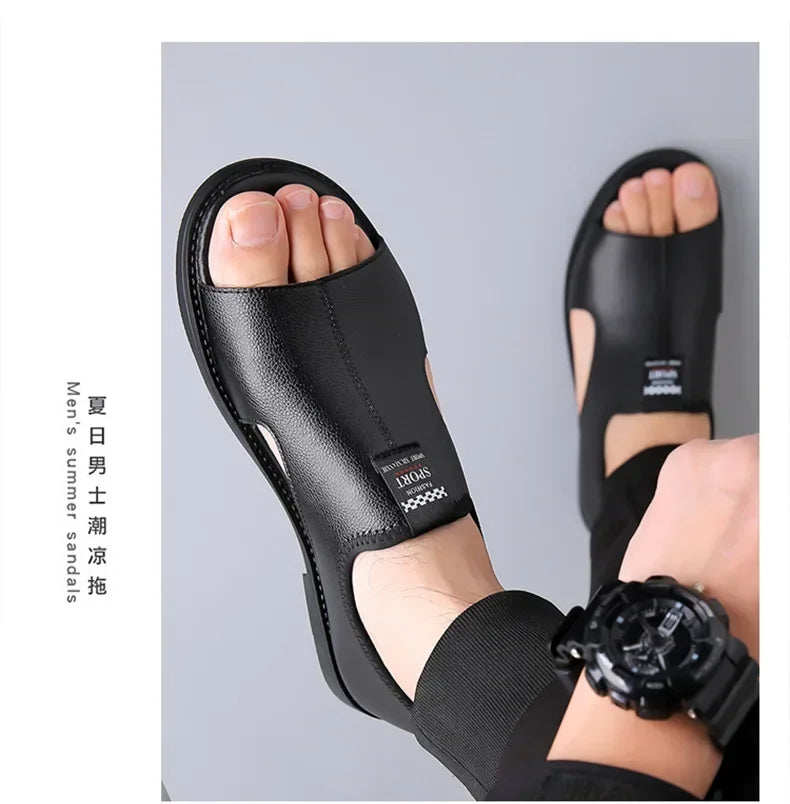 Sandals for Men Brand Casual Shoes Outdoor Fashion Men's Slippers Comfortable Beach Shoes High Quality Leather Man Flat 2025 - Sun Studio