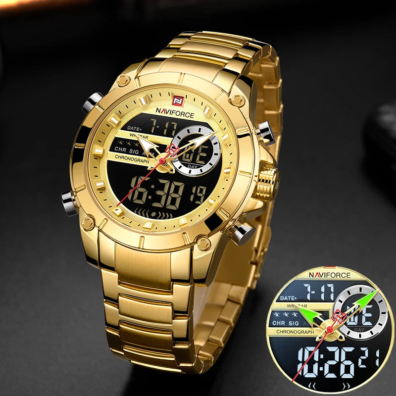 Luxury Brand NAVIFORCE Sport Watches For Men Fashion Gold Quartz WristWatch Steel Band Digital Chronograph Waterproof Clock 9163 - Sun Studio