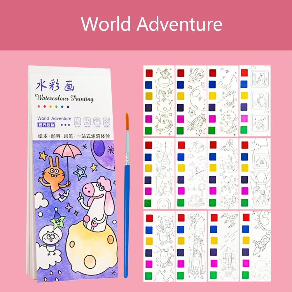 12 Sheets/set Watercolor Painting Book With Paint Brush Gouache Book Portable Kids Graffiti Picture Drawing Stationery - Sun Studio