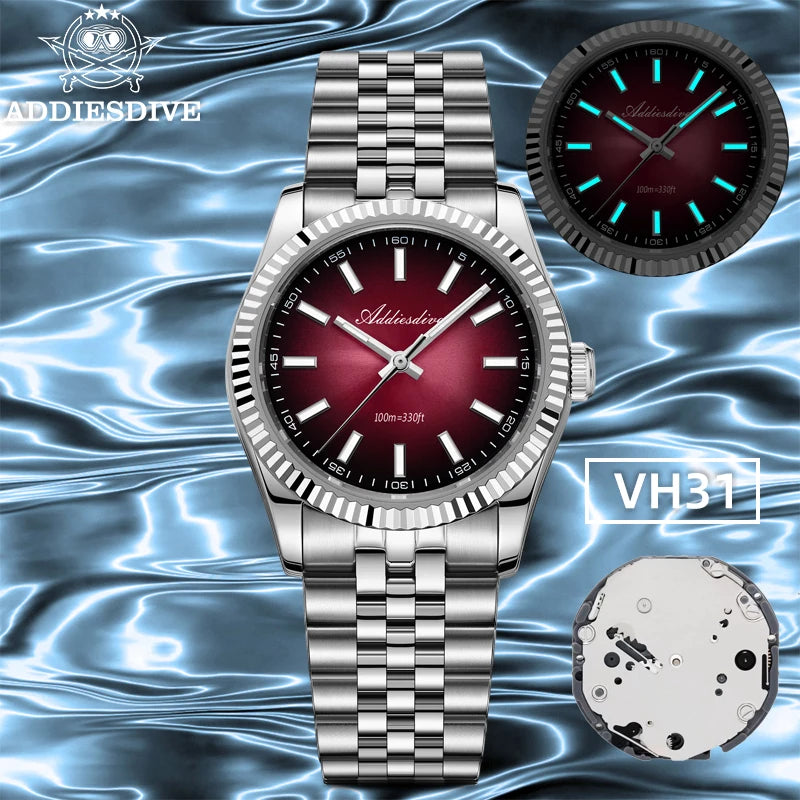 ADDIESDIVE AD2073 Men's Business Watch Sapphire Glass Stainless Steel Quartz Wristwatches Gradient Red Dial Watches Reloj Hombre - Sun Studio