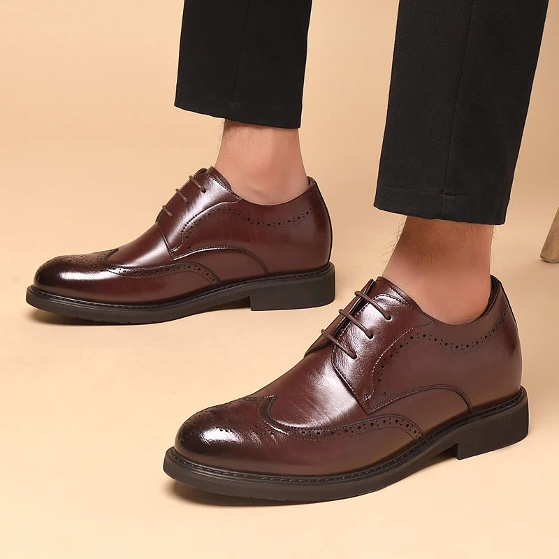 Men's Dress Brogues Elevator Shoes Platform Breathable Casual Business Luxury Genuine Leather Heightening Shoes 6 8CM Taller Man - Sun Studio