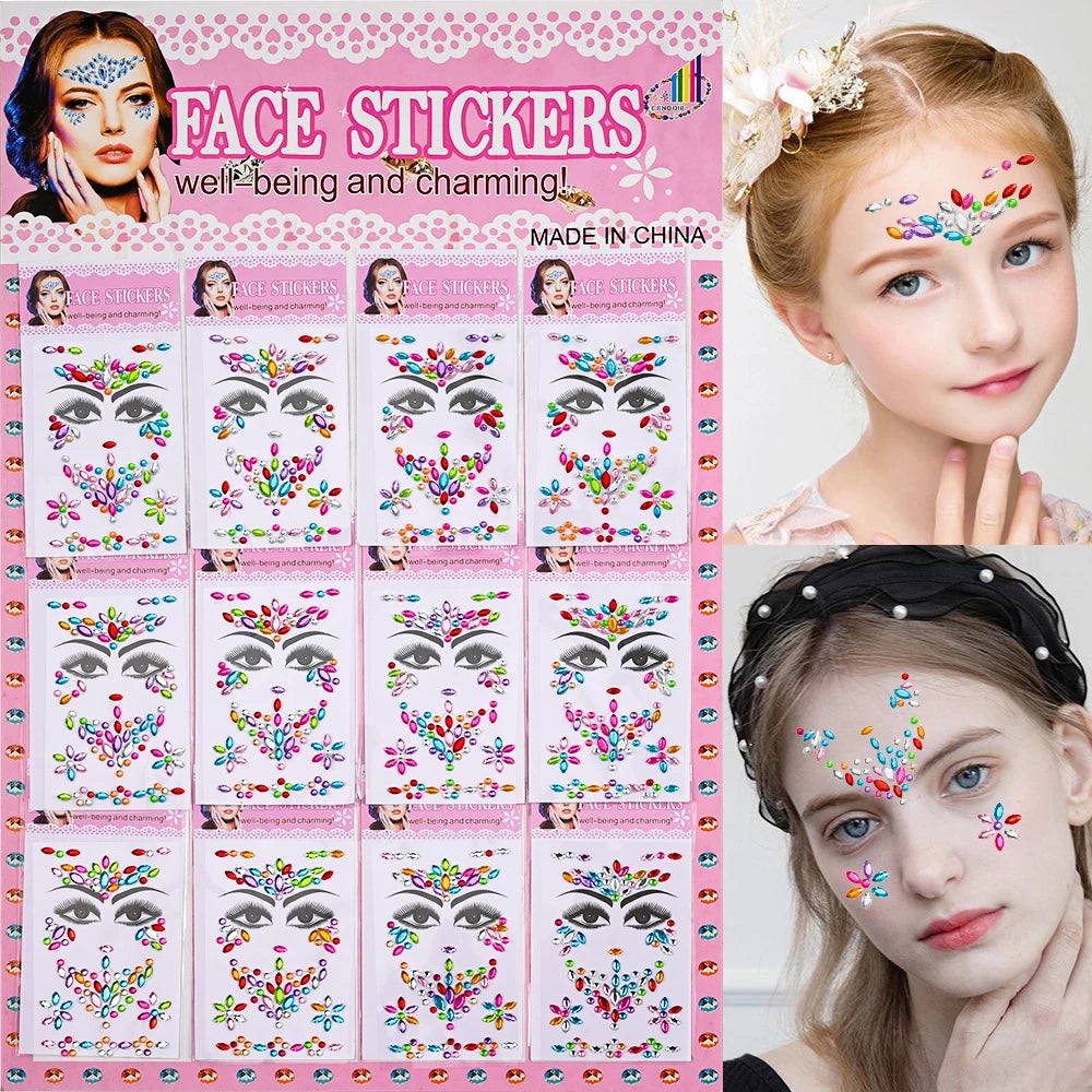 1sheet 900pcs Rainbow Face Glittle Gem Stickers Stick-On Facial Tattoo Eye Rhinestone Jewels 3/4/5mm Mix Wedding Party Make Up - Sun Studio