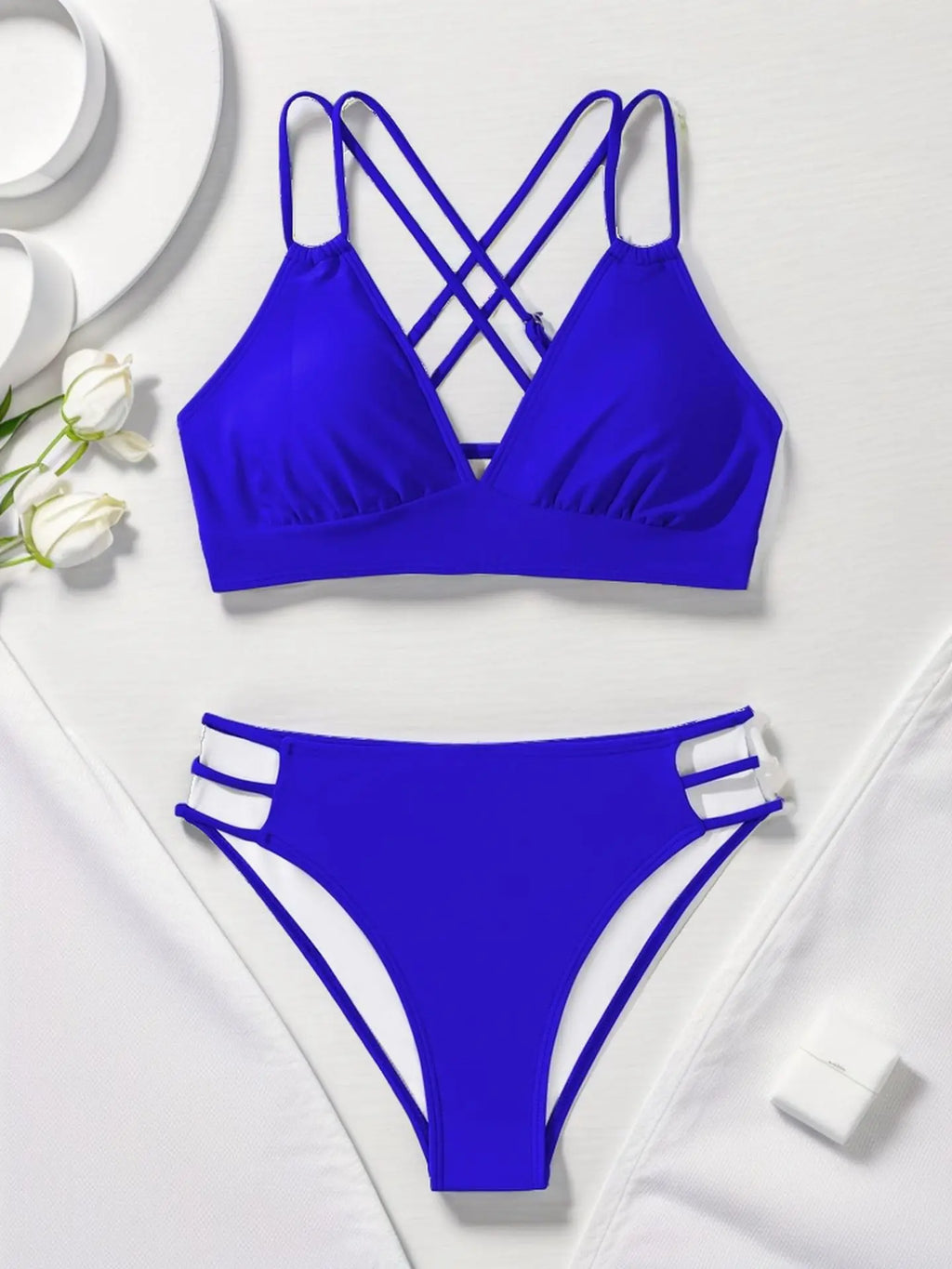 Solid Color Black Two Piece Swimsuit for Women Summer New High Waist Bikini Set Beach Vacation V-neck Backless Swimwear 2024 - Sun Studio