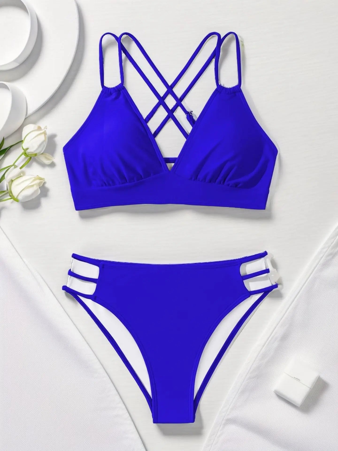 Solid Color Black Two Piece Swimsuit for Women Summer New High Waist Bikini Set Beach Vacation V-neck Backless Swimwear 2024 - Sun Studio