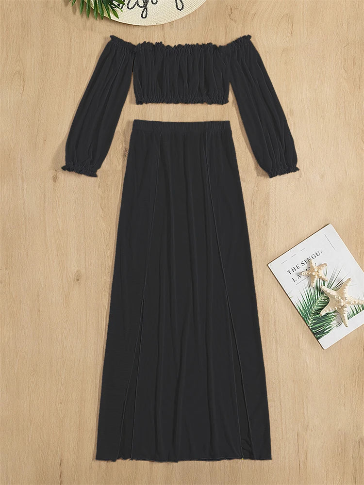 Swimwear Women 2026 New Solid Long Sleeves Ruffle Bandeau Swimsuit Long Skirt Mesh Smock 2 Piece Beach Wear Bathing Suit Female - Sun Studio