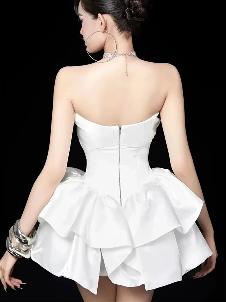 Sexy Strapless Ruffles Folds Patchwork Mini Dress Women White Black Sleeveless Irregular A-line Dresses Evening Party Cocktail - Sun Studio