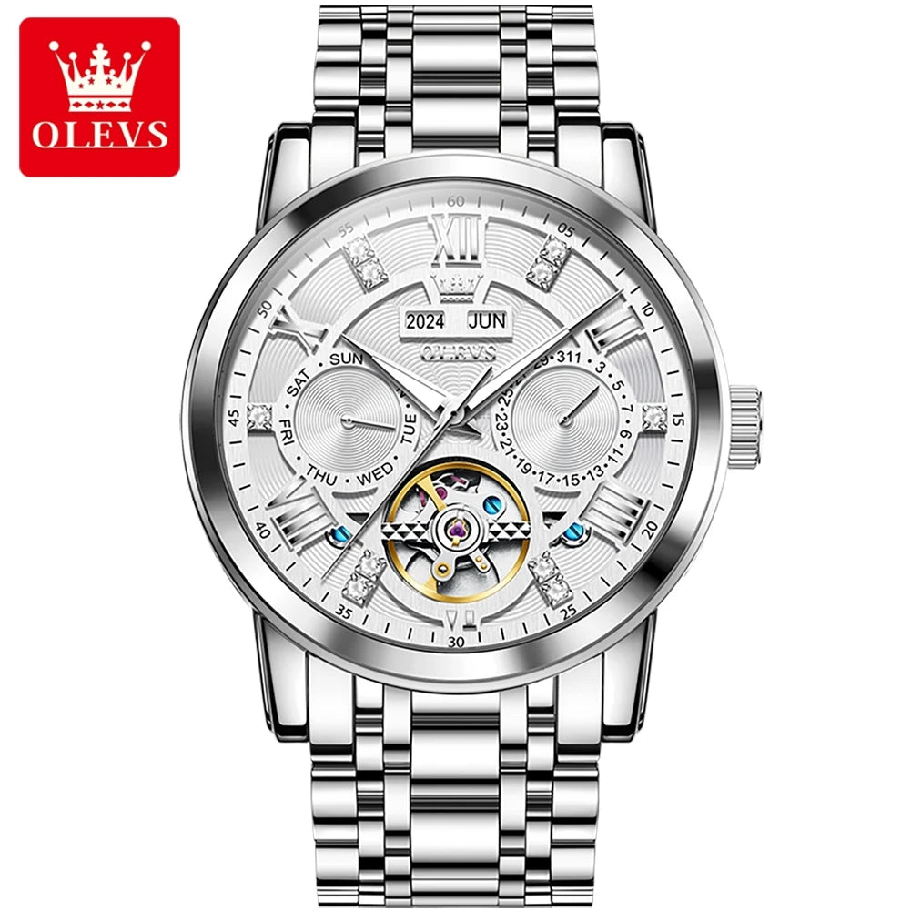 OLEVS 6701 Top Original Automatic Watch for Men Stainless Steel Hollow Skeleton Mechanical Watch Waterproof Business Wristwatch - Sun Studio