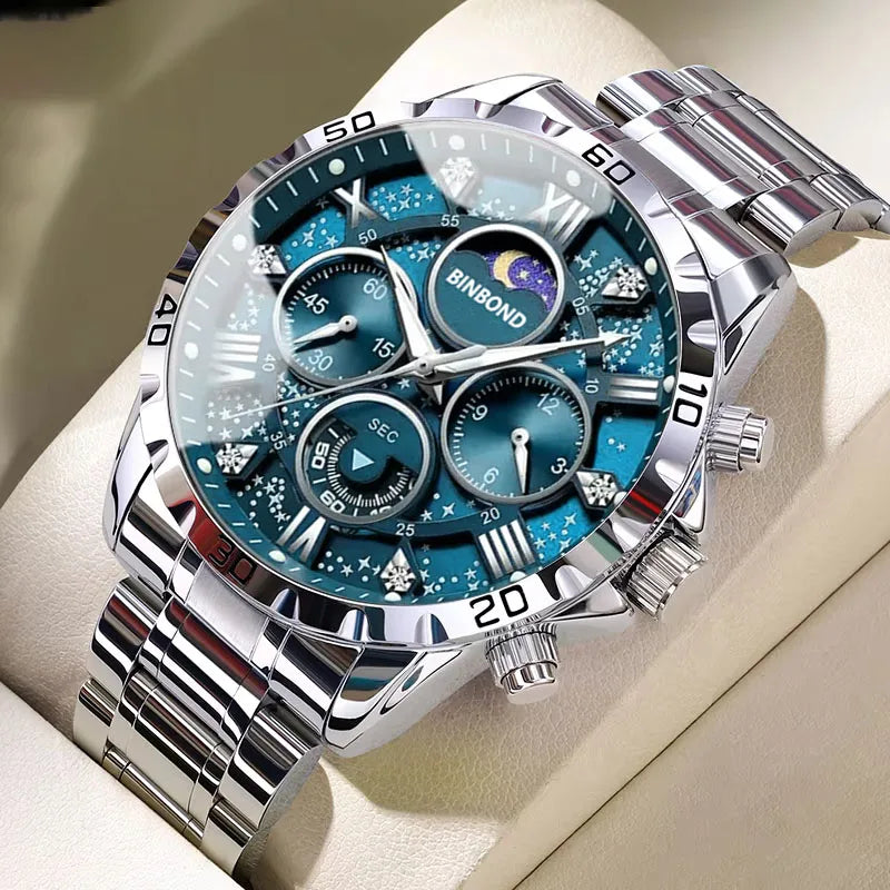 BINBOND Luxury Fashion Men Watches Multi-functional Stainless Steel Original Quartz Wristwatch Moon Phase Chronograph Waterproof - Sun Studio