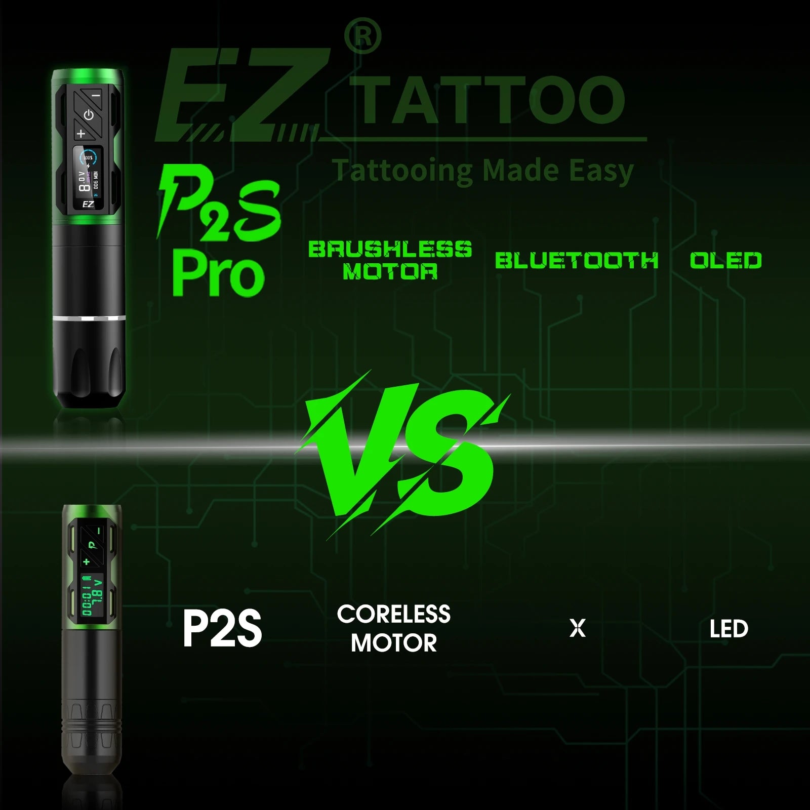 EZ P2S Pro Wireless Tattoo Machine Pen 4.0mm Stroke Battery 1800mAh OLED Digital Display Brushless Motor Tattoo Gun Supply - Sun Studio