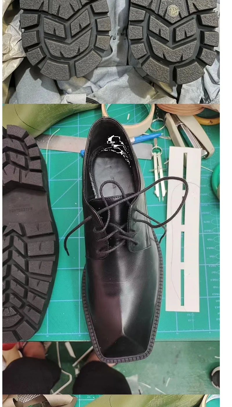 2025 Men's Big Head Leather Niche Design Casual Platform Rhino Horn Square Single Sneakers Derby Shoes - Sun Studio